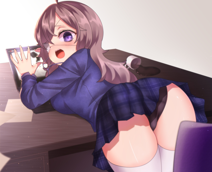 1girl ahoge ass blush brown_hair chair coffee_cup commentary_request covering cup desk disposable_cup earphones earphones eyepatch highres long_hair long_sleeves looking_at_viewer looking_back medical_eyepatch neit_ni_sei nochise_karin open_mouth original plaid plaid_skirt shiny shiny_skin skirt solo spill sweatdrop sweater thigh-highs violet_eyes white_legwear wide-eyed youtube