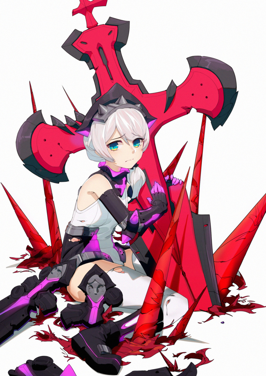 1girl absurdres bangs blue_eyes closed_mouth cross_(weapon) hair_between_eyes highres holding holding_weapon honkai_(series) honkai_impact_3rd kneehighs looking_at_viewer side_ponytail simple_background sitting_on_floor solo spikes theresa_apocalypse theresa_apocalypse_(violet_executer) torn_clothes torn_legwear weapon white_background white_hair white_legwear yoni_(zhang)