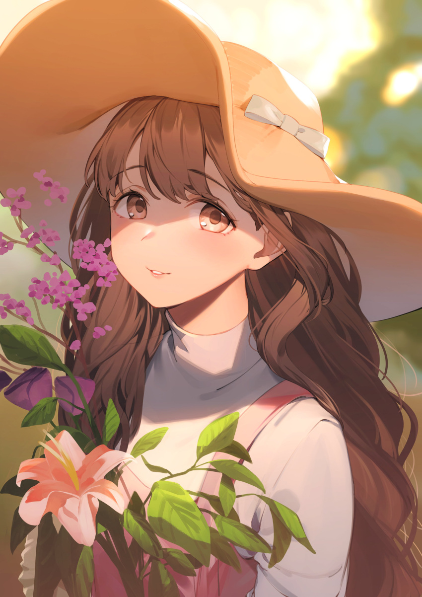 1girl absurdres bangs blurry blurry_background brown_eyes brown_hair brown_headwear eyebrows_visible_through_hair flower hat hat_ribbon highres leaf long_hair long_sleeves looking_at_viewer nyum original outdoors overalls parted_lips pink_flower pink_overalls purple_flower ribbon shirt sidelocks smile solo sun_hat teeth turtleneck upper_body wavy_hair white_shirt