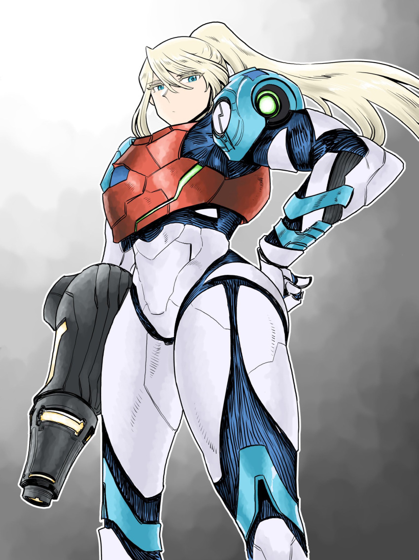 1girl arm_cannon armor bangs blonde_hair blue_eyes glowing grey_background gun helmet highres long_hair looking_at_viewer metroid metroid_dread ponytail power_armor samus_aran science_fiction sidelocks simple_background solo tsunamino_yuu upper_body weapon