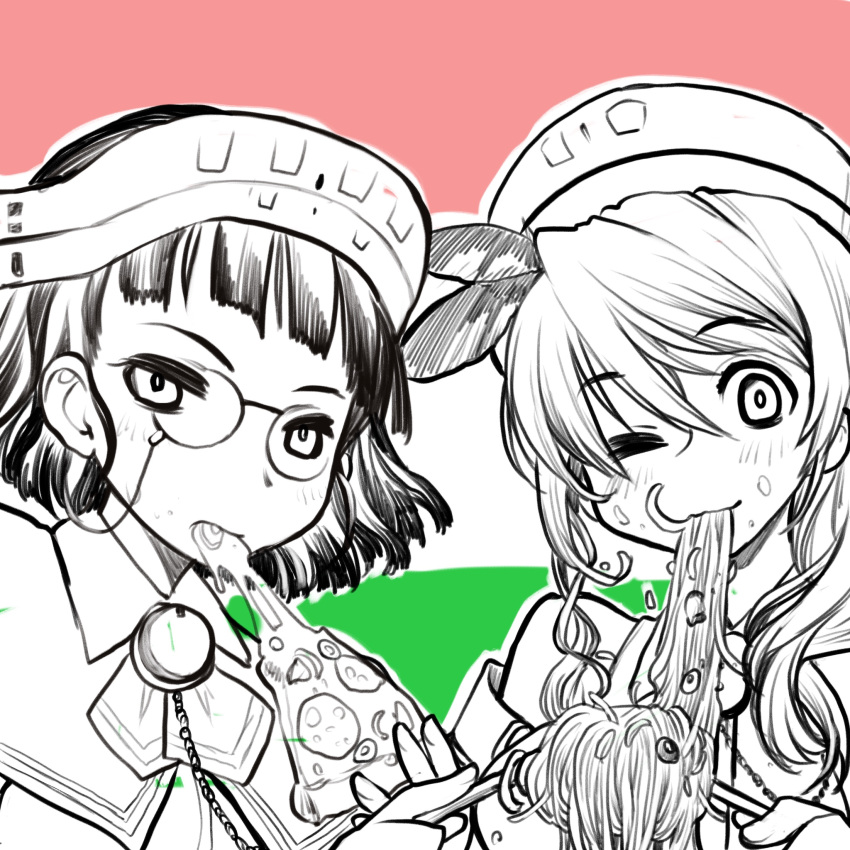 2girls bangs blunt_bangs blush eating eyebrows_visible_through_hair feathers flag flag_background food food_in_mouth food_on_face glasses greyscale hair_between_eyes headdress highres italian_flag kagesaki_yuna kantai_collection littorio_(kancolle) long_hair monochrome multiple_girls noodles one_eye_closed pasta pince-nez roma_(kancolle) short_hair simple_background sketch