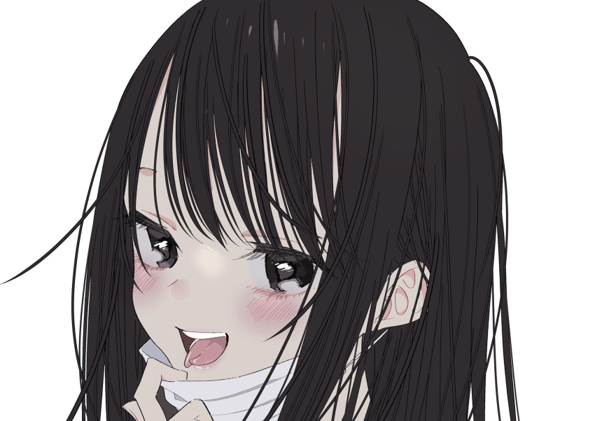 1girl :d black_eyes black_hair blush close-up eyelashes forked_tongue highres kawai_rou long_hair looking_at_viewer mask mask_pull mouth_mask open_mouth original portrait simple_background smile solo surgical_mask tongue tongue_out white_background white_mask