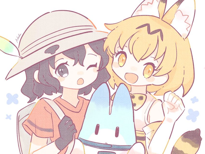 2girls animal_ears backpack bag bangs black_gloves black_hair blonde_hair blush elbow_gloves extra_ears feathers gloves hat_feather helmet highres kaban_(kemono_friends) kemono_friends looking_at_viewer lucky_beast_(kemono_friends) multiple_girls nada_namie one_eye_closed open_mouth pith_helmet serval_(kemono_friends) serval_print shirt short_hair short_sleeves signature simple_background sleeveless tail upper_body white_gloves