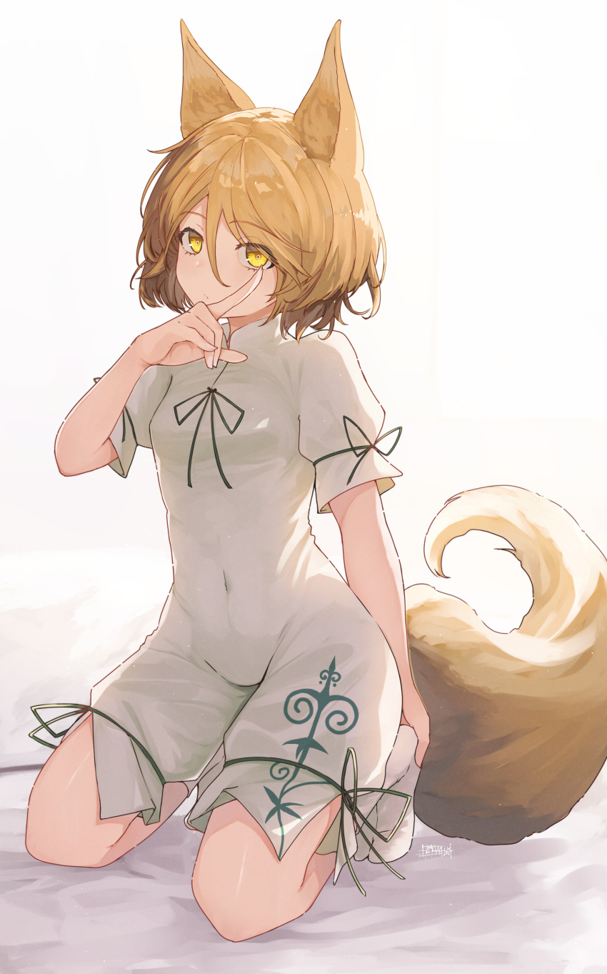 1girl absurdres animal_ears blonde_hair breasts covered_navel covering_mouth fox_ears fox_shadow_puppet fox_tail highres kneeling kudamaki_tsukasa looking_at_viewer romper senzaicha_kasukadoki short_hair simple_background small_breasts solo tail touhou white_background yellow_eyes