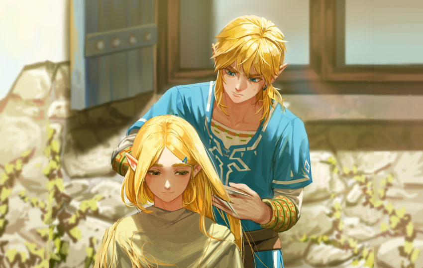 1boy 1girl absurdres bangs blonde_hair blue_eyes blurry blurry_background collarbone cutting_hair day depth_of_field green_eyes hair_ornament hairclip highres holding holding_scissors link long_hair looking_at_another nuavic outdoors princess_zelda scissors shirt short_ponytail smile the_legend_of_zelda the_legend_of_zelda:_breath_of_the_wild the_legend_of_zelda:_breath_of_the_wild_2 tunic white_shirt window