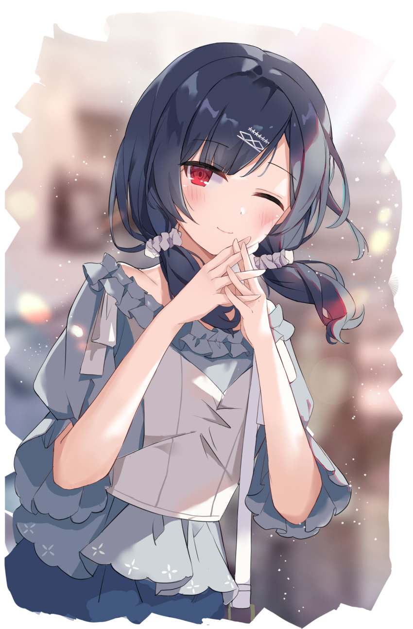 1girl ;) bare_shoulders black_hair blue_skirt blurry blurry_background blush closed_mouth commentary_request depth_of_field hair_ornament hair_over_shoulder hair_scrunchie hairclip hands_up highres idolmaster idolmaster_shiny_colors interlocked_fingers long_hair looking_at_viewer low_twintails morino_rinze off-shoulder_shirt off_shoulder one_eye_closed puffy_short_sleeves puffy_sleeves red_eyes scrunchie serika shirt short_sleeves skirt smile solo twintails white_scrunchie white_shirt