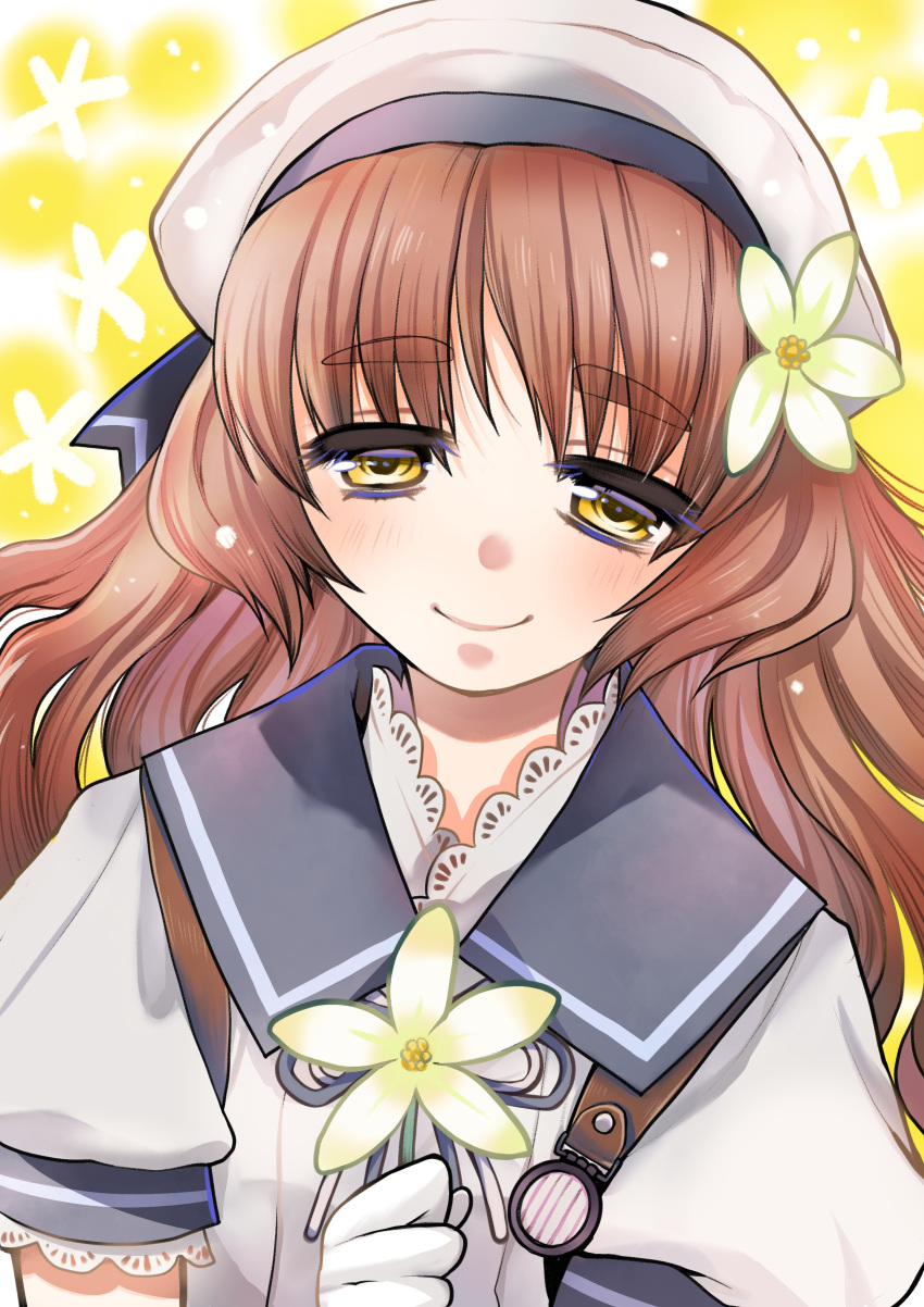 1girl absurdres bangs blue_sailor_collar blush brown_hair eyebrows_visible_through_hair flower hair_flower hair_ornament hat highres holding holding_flower kagesaki_yuna kantai_collection long_hair sailor_collar short_sleeves simple_background smile solo thick_eyebrows two-tone_background white_headwear yashiro_(kancolle) yellow_eyes yellow_flower