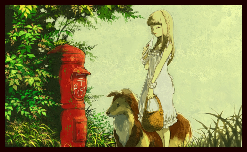 1girl bangs basket blonde_hair blunt_bangs braid closed_eyes dog dress feet_out_of_frame holding holding_basket holding_letter japanese_cylindrical_postbox leaf letter long_hair original plant postbox_(outgoing_mail) smile solo standing tree white_dress yumeko_(yumeyana_g)