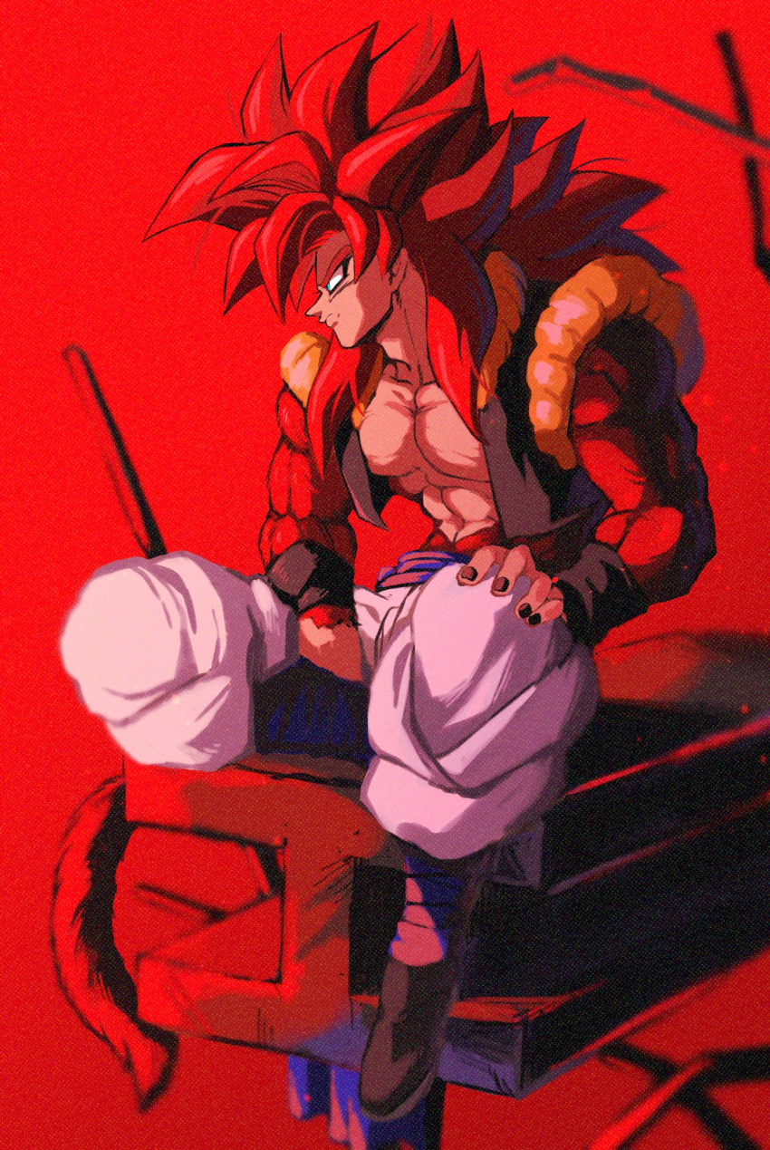 bare_pectorals biceps black_footwear dragon_ball dragon_ball_gt foot_dangle gogeta highres metamoran_vest monkey_boy monkey_tail muscular muscular_male no_nipples pants pectorals red_fur red_sky relio_db318 ruins simple_background sitting sky spiky_hair steel_beam super_saiyan super_saiyan_4 tail white_pants wristband