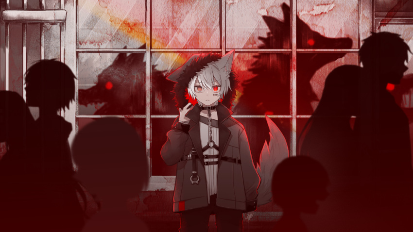 1boy animal_ear_fluff animal_ears barcode_tattoo black_jacket chain collar commentary_request curtains expressionless facial_tattoo fur-trimmed_hood fur_trim highres hood hood_up hooded_jacket indoors jacket leaning_back looking_at_viewer mafumafu monster niconico red_eyes red_sky red_theme short_hair sky solo tail tattoo translation_request upper_body utaite_(singer) white_hair window yamigirikuroko