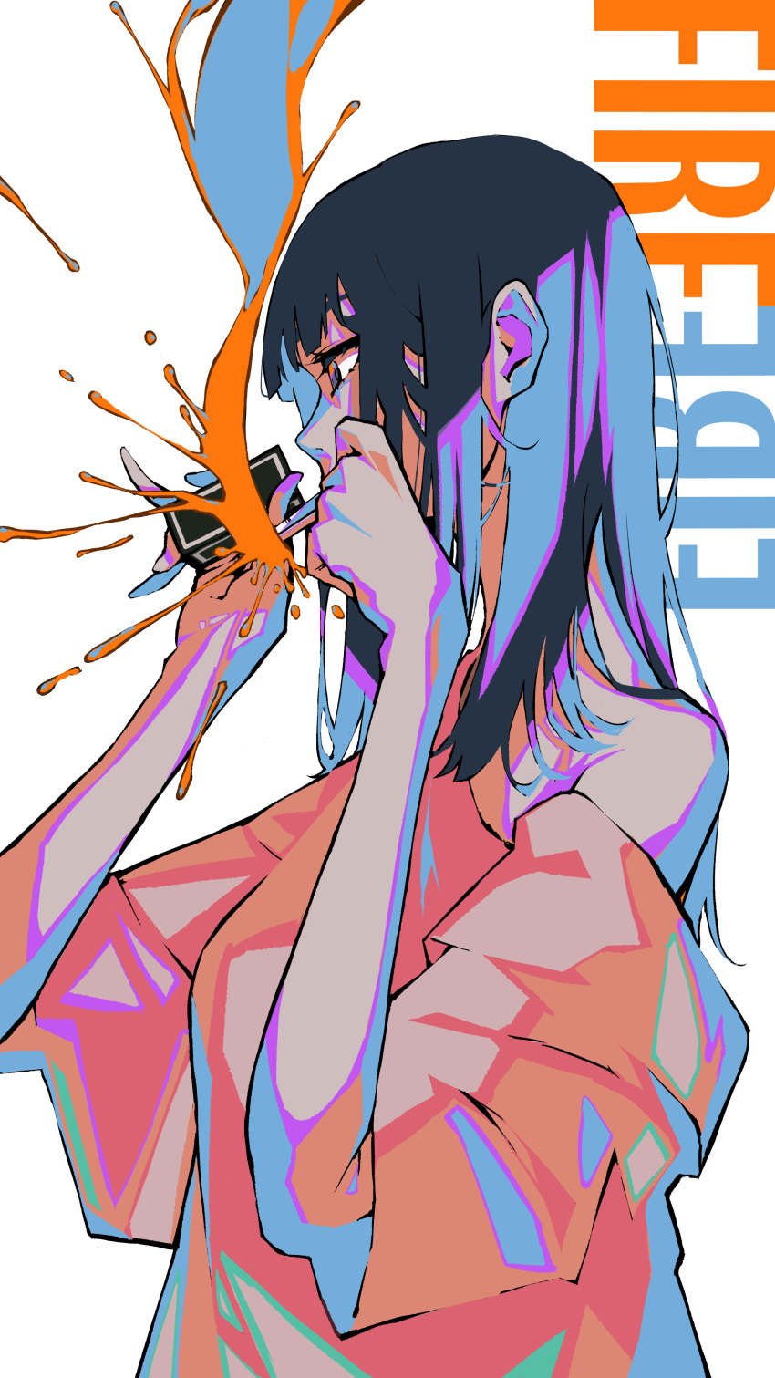 1girl absurdres baggy_clothes bangs bare_shoulders black_hair breasts cigarette commentary grey_eyes hands_up highres holding holding_cigarette long_hair looking_away matchbox medium_breasts nico-tine off-shoulder_shirt off_shoulder original shirt simple_background smoking solo splashing splatter upper_body white_background wide_sleeves