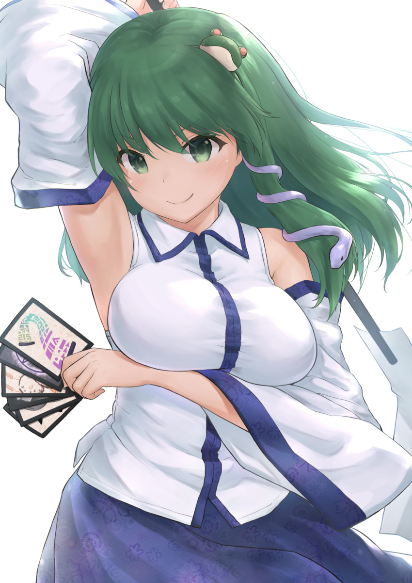 &gt;:) 1girl arm_under_breasts arm_up armpits bare_shoulders blue_skirt blush breasts closed_mouth commentary_request cowboy_shot detached_sleeves floral_print frog_hair_ornament green_eyes green_hair hair_ornament highres holding kochiya_sanae large_breasts long_hair long_sleeves print_skirt skirt smile snake_hair_ornament solo touhou v-shaped_eyebrows wamu_(chartreuse)