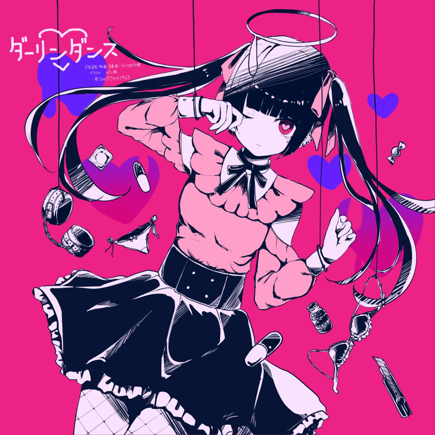 1girl bendy_straw black_footwear black_hair black_skirt borrowed_design bow bow_bra bra bra_removed can candy darling_dance_(vocaloid) detached_sleeves drinking_straw fishnet_legwear fishnets food frilled_skirt frills hair_bow halo hatsune_miku head_tilt heart heart-shaped_pupils heart_lollipop highres katorea kneeling lollipop long_sleeves looking_at_viewer original parted_lips pill pink_bow pink_shirt pink_sleeves purple_background red_eyes shirt shoes skirt skirt_hold sleeveless sleeveless_shirt smile solo symbol-shaped_pupils twintails underwear vocaloid