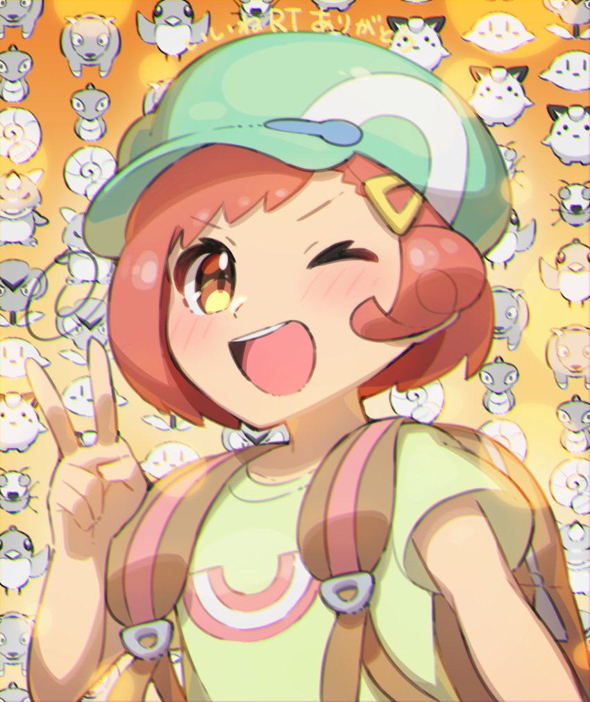 1girl ;d backpack bag bangs brown_bag brown_eyes commentary_request eyebrows_visible_through_hair green_headwear green_shirt hair_ornament hairclip hand_up hat highres one_eye_closed open_mouth pokemon pokemon_(anime) poketoon shirt short_hair short_sleeves smile sprite t-shirt taisa_(lovemokunae) tongue tsubomi_(pokemon) upper_body upper_teeth v