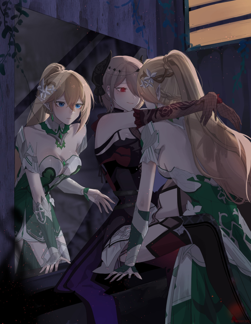 2girls absurdres alternate_costume baconontheclock bare_shoulders bianka_durandal_ataegina blonde_hair blush braid breasts collar different_reflection dress earrings elbow_gloves fishnet_gloves fishnets gloves hair_between_eyes hair_ornament hair_over_one_eye high_ponytail highres honkai_(series) honkai_impact_3rd horns hug indoors jewelry large_breasts looking_at_another mirror multiple_girls pointy_ears ponytail red_eyes reflection rita_rossweisse short_hair sitting thigh-highs tied_hair yuri
