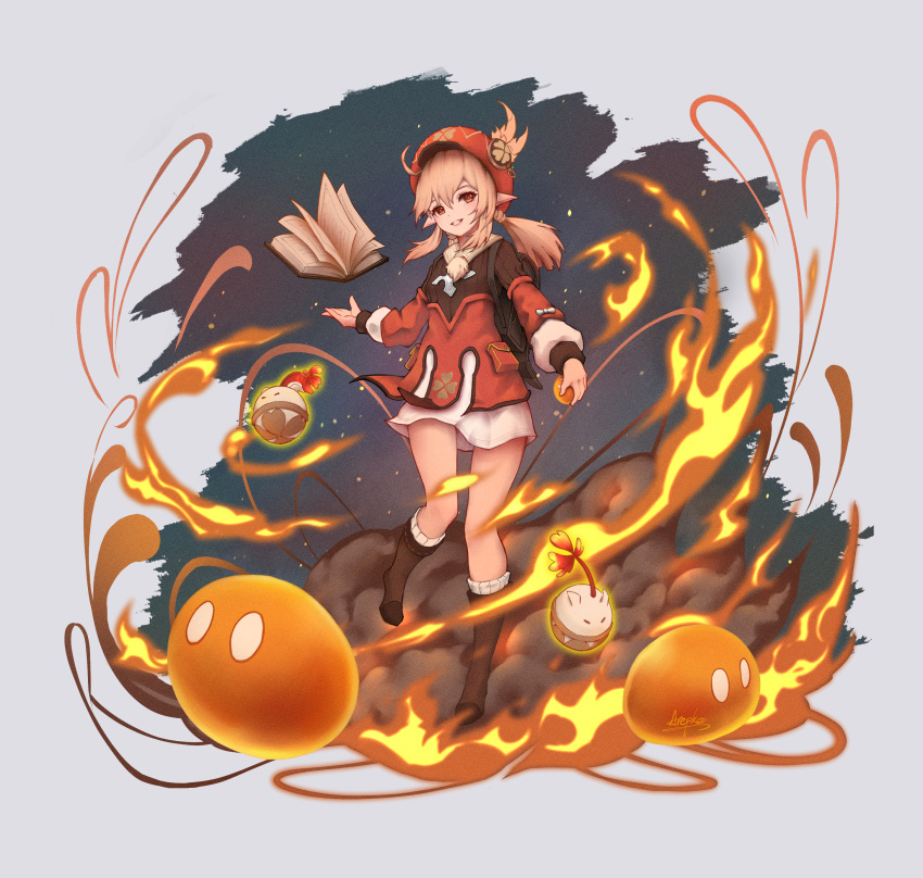 1girl :d absurdres ahoge backpack bag bangs bloomers book boots brown_footwear brown_scarf clover_print coat commentary_request damon_ct eyebrows_visible_through_hair fire floating full_body genshin_impact hair_between_eyes highres holding jumpy_dumpty klee_(genshin_impact) light_brown_hair long_hair looking_at_viewer low_twintails open_mouth orange_eyes pocket pointy_ears randoseru red_coat red_headwear scarf sidelocks slime_(genshin_impact) smile thigh-highs thigh_boots twintails underwear