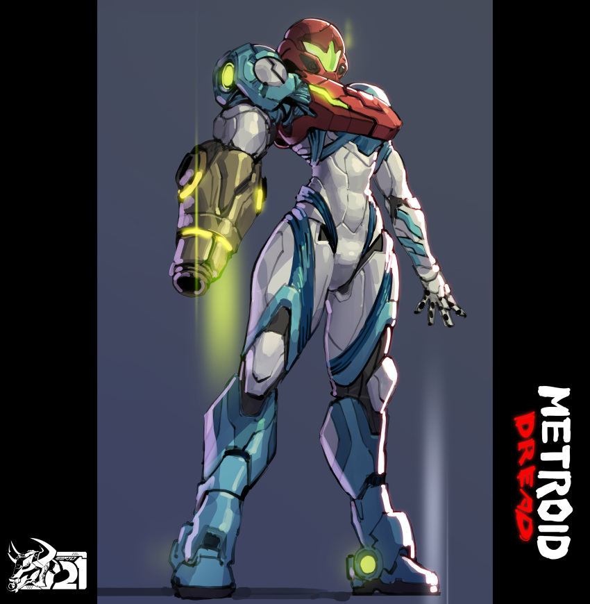 1girl absurdres arm_cannon armor bangs full_body helmet highres looking_at_viewer mar10 metroid metroid_dread power_armor samus_aran science_fiction sidelocks simple_background solo varia_suit visor weapon