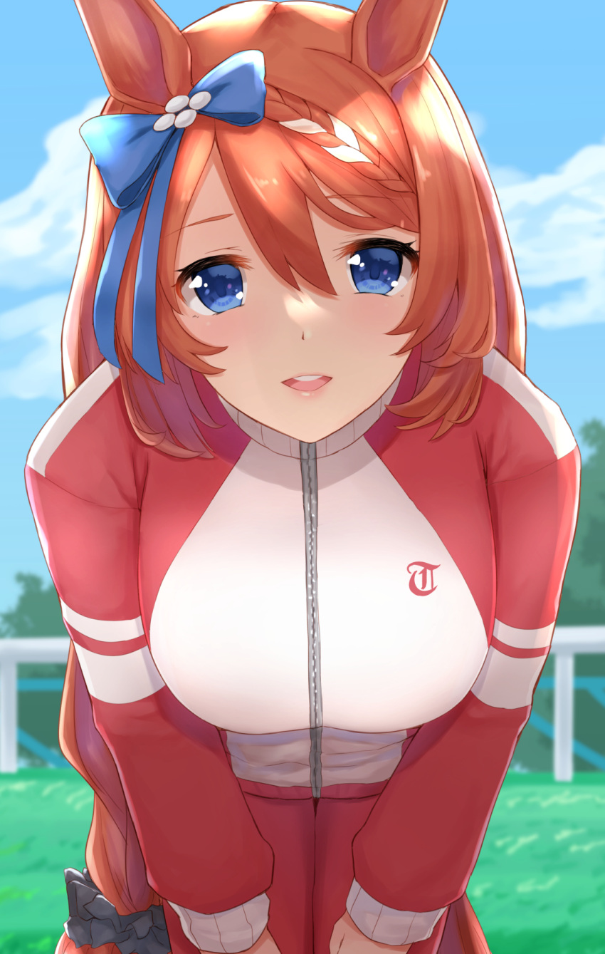 1girl :d animal_ears bangs blue_bow blue_eyes blue_sky blush bow braid breasts commentary_request day eyebrows_visible_through_hair hair_bow hair_ornament hair_scrunchie highres horse_ears jacket large_breasts leaning_forward long_hair long_sleeves looking_at_viewer open_mouth orange_hair outdoors pants red_pants scrunchie sky smile solo super_creek_(umamusume) tipo_(tipoplaza) track_jacket track_pants two-tone_jacket umamusume upper_teeth very_long_hair zipper