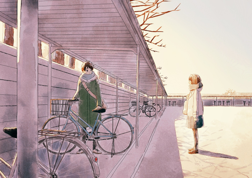 1boy 1girl bag bicycle black_hair black_skirt brown_hair coat fur_trim green_coat ground_vehicle itunohika long_sleeves original outdoors pleated_skirt profile shadow short_hair shoulder_bag skirt standing tree twilight white_coat wide_shot