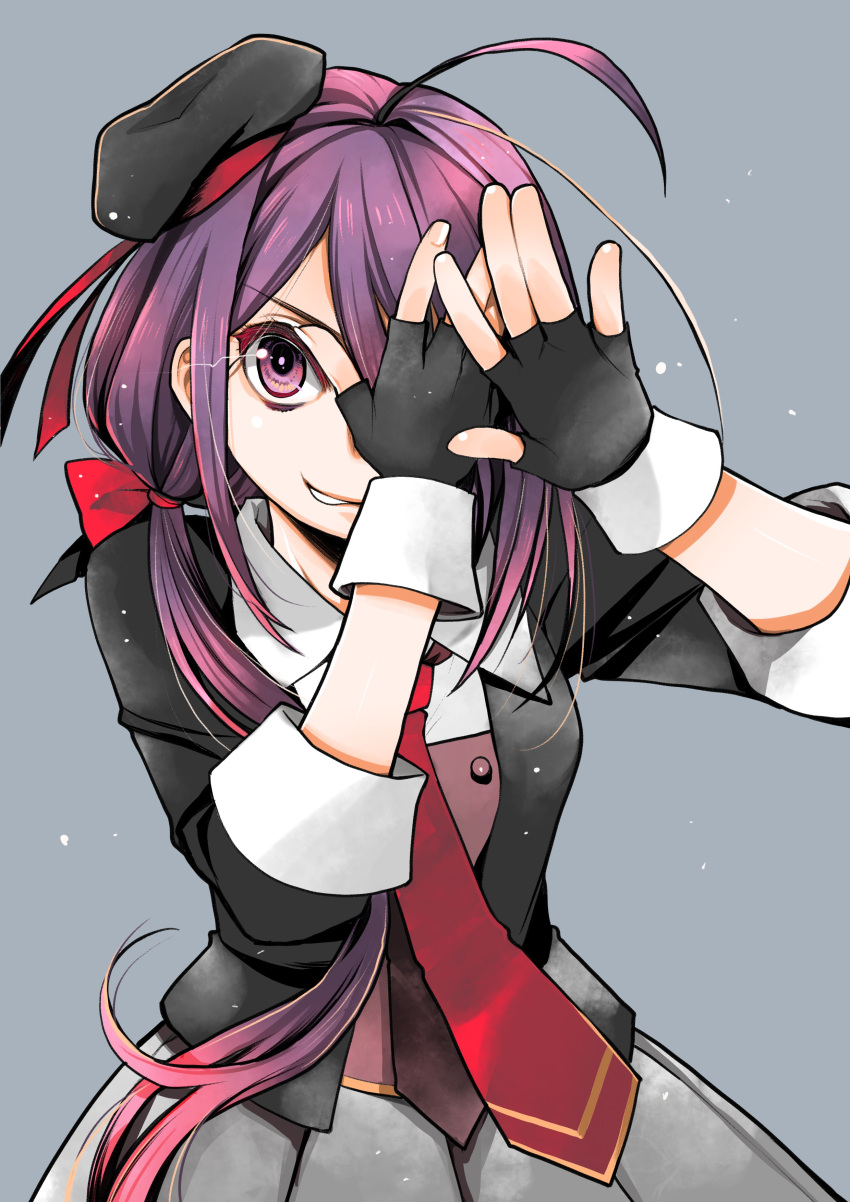 1girl absurdres ahoge ariake_(kancolle) bangs beret black_gloves black_headwear chuunibyou eyebrows_visible_through_hair fingerless_gloves gloves grey_background grey_skirt hair_ribbon hand_over_eye hat highres kagesaki_yuna kantai_collection long_hair necktie pleated_skirt purple_hair red_neckwear ribbon simple_background skirt solo violet_eyes