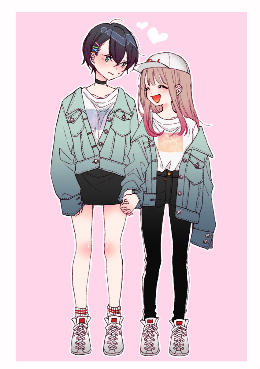 2girls :d baseball_cap black_choker black_pants black_skirt blue_jacket border brown_hair choker closed_eyes denim denim_jacket gradient_hair green_eyes hair_ornament hairclip hat heart highres holding_hands interlocked_fingers jacket kawai_rou long_hair long_sleeves looking_at_another miniskirt multicolored_hair multiple_girls off_shoulder open_mouth original outline pants pink_hair shirt shoes short_hair skirt sleeves_past_wrists smile standing white_border white_footwear white_outline white_shirt x_hair_ornament yuri