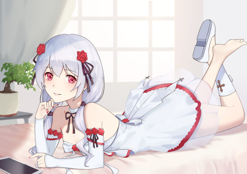 1girl alternate_costume bangs bare_shoulders barefoot bed bed_sheet curtains dress elbow_gloves flower gloves hair_between_eyes hair_flower hair_ornament hand_on_own_cheek hand_on_own_face highres honkai_(series) honkai_impact_3rd hymxiaocyan indoors legs_up looking_at_viewer nail_polish plant red_eyes red_nails rose shoe_soles shoes shoes_removed single_shoe smile soles solo theresa_apocalypse theresa_apocalypse_(luna_kindred) toes twintails vase white_dress white_footwear white_gloves white_hair
