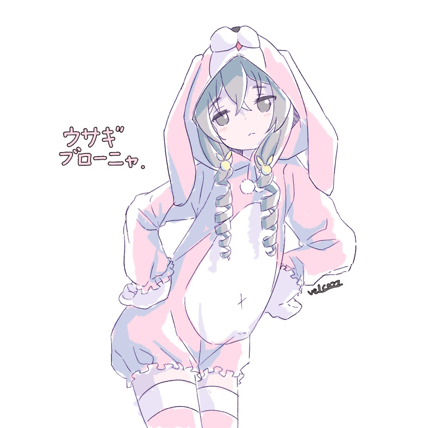 1girl animal_costume animal_ears animal_hood bangs bronya_zaychik bunny_hood closed_mouth drill_hair grey_eyes grey_hair hair_between_eyes hands_on_hips highres honkai_(series) honkai_impact_3rd hood kneehighs looking_at_viewer onesie pajamas pink_legwear rabbit_ears simple_background solo twin_drills velcozz white_background