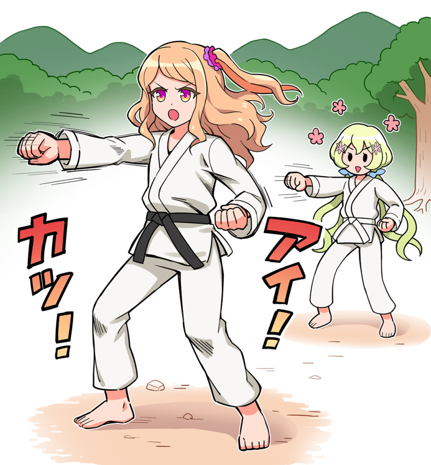 2girls :d barefoot brown_hair clenched_teeth copyright_request dot_nose frown highres long_hair martial_arts multiple_girls one_side_up open_mouth outdoors pants pink_eyes punching sash shirt smile solid_oval_eyes teeth v-shaped_eyebrows white_pants white_shirt yoban