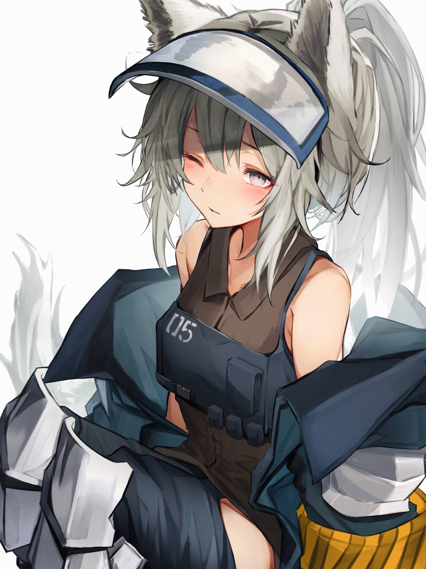 1girl absurdres animal_ears arknights armband blue_pants collared_shirt cowboy_shot grani_(arknights) greaves grey_hair highres hip_vent holding holding_weapon horse_ears jacket long_hair looking_at_viewer off-shoulder_shirt off_shoulder one_eye_closed pants police police_uniform ponytail shirt simple_background sitting sleeveless sleeveless_shirt solo tab_head undressing uniform violet_eyes visor_cap weapon white_background
