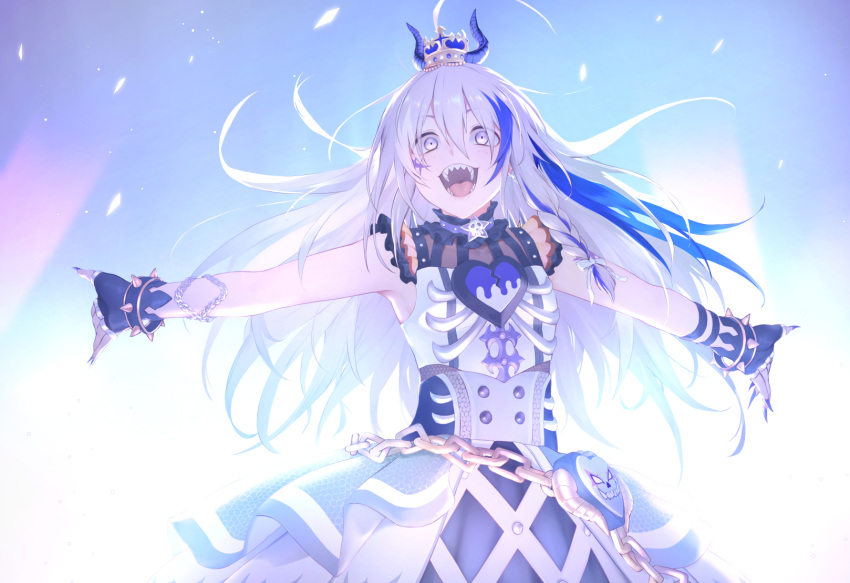 1girl :d blue_background commentary constricted_pupils crown gobi_(jtnyrwbkohiqsuldg) grey_eyes grey_hair highres hoshi_syoko idol idolmaster idolmaster_cinderella_girls idolmaster_cinderella_girls_starlight_stage open_mouth see-through sharp_teeth smile solo teeth