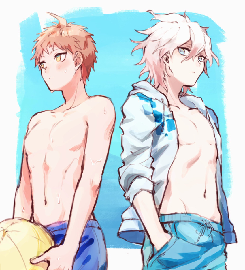 2boys ahoge amido_(compassion273) ball bangs beachball blue_eyes blush brown_eyes brown_hair collarbone dangan_ronpa_(series) dangan_ronpa_2:_goodbye_despair dangan_ronpa_s:_ultimate_summer_camp grey_eyes grey_jacket hair_between_eyes hand_in_pocket highres hinata_hajime holding hood jacket komaeda_nagito male_focus male_swimwear multiple_boys navel official_alternate_costume open_clothes open_jacket orange_hair pale_skin short_hair stomach wet