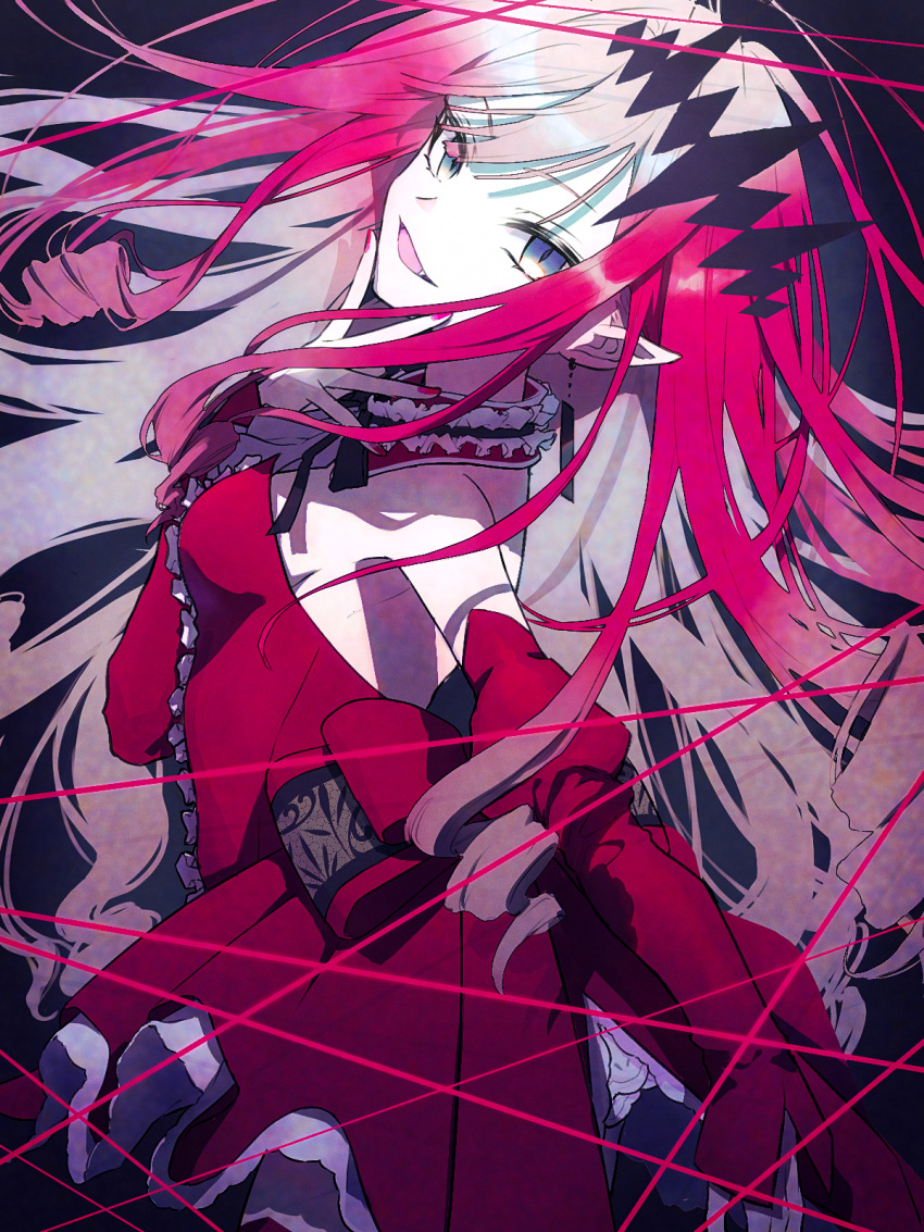 1girl bare_shoulders black_background blue_eyes breasts detached_sleeves dress fang fate/grand_order fate_(series) hair_ornament head_tilt highres long_hair looking_at_viewer pale_skin pointy_ears red_dress redhead ribbon sideboob simple_background slit_pupils small_breasts smile solo tamayan_(tmyaaa_tk) tristan_(fairy_knight)_(fate)