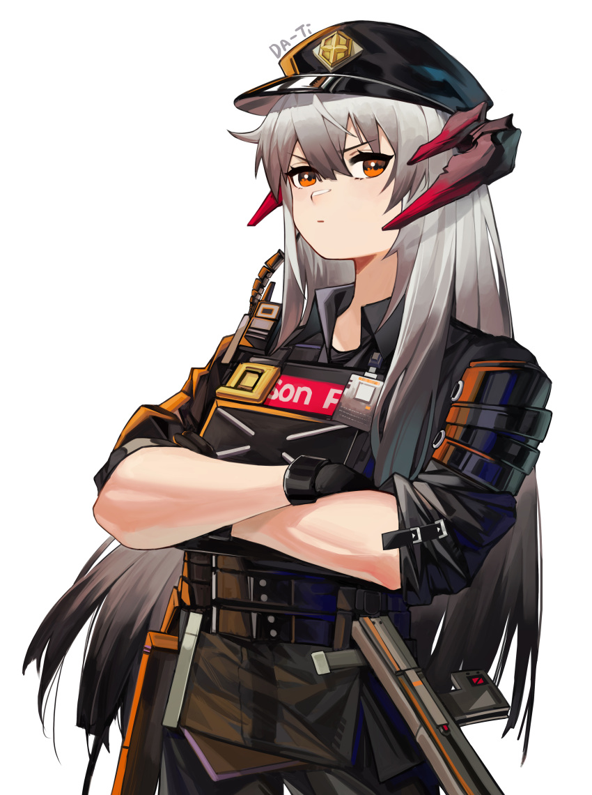 1girl absurdres arknights artist_name black_gloves black_hair black_headwear black_jacket black_pants black_shirt bulletproof_vest chinese_commentary closed_mouth collared_shirt crossed_arms dragon_horns eyebrows_visible_through_hair gloves gradient_hair hair_between_eyes hat highres horns jacket long_hair looking_at_viewer military military_uniform multicolored_hair official_alternate_costume orange_eyes pants peaked_cap saria_(arknights) saria_(iron_law)_(arknights) shirt signature simple_background solo straight_hair strap tsumiki_(12756023) tsurime two-tone_hair uniform upper_body walkie-talkie white_background wing_collar