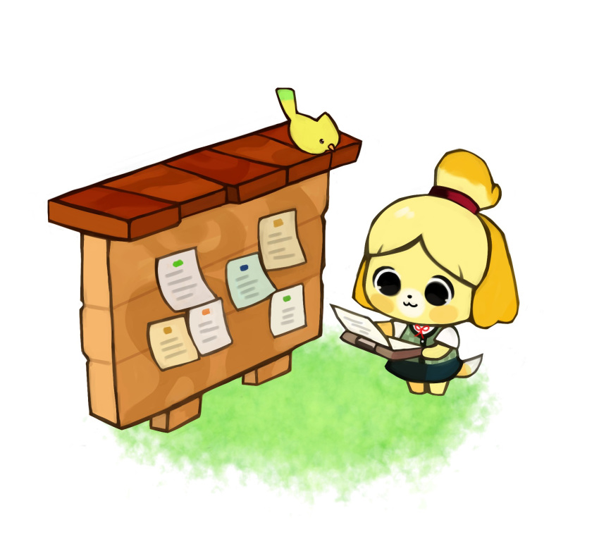 1girl :3 animal_crossing animal_ears arm_up bangs barefoot bird black_eyes blonde_hair blue_skirt blush_stickers body_fur bulletin_board carina_(carina4a) chibi clipboard closed_mouth day dog_ears dog_girl dog_tail flat_chest full_body furry grass green_vest hair_tie hand_up happy highres holding holding_clipboard isabelle_(animal_crossing) jpeg_artifacts legs_together looking_down miniskirt neck_ribbon nintendo outdoors outstretched_arm paper parted_bangs plaid plaid_vest red_neckwear red_ribbon ribbon shirt short_hair short_sleeves simple_background skirt smile solo standing tail tied_hair topknot two-tone_fur vest white_background white_fur white_shirt yellow_fur