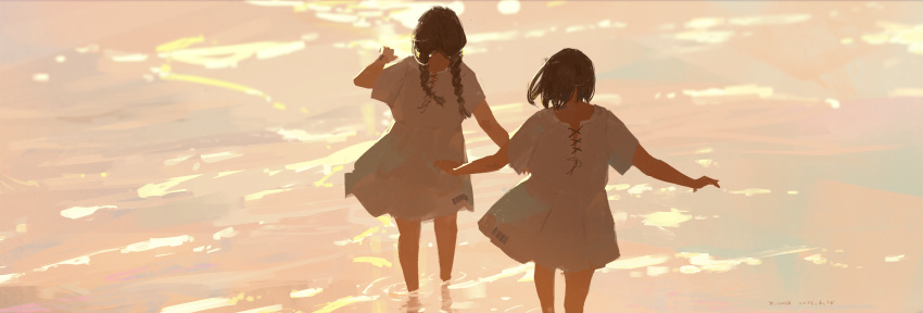 2girls artist_name balancing barcode barcode_tattoo bare_legs braid brown_hair commentary cross-laced_clothes dated dress from_behind hand_up highres long_hair medium_hair multiple_girls nape ocean original outdoors short_sleeves tattoo twin_braids wading white_dress wide_shot xilmo