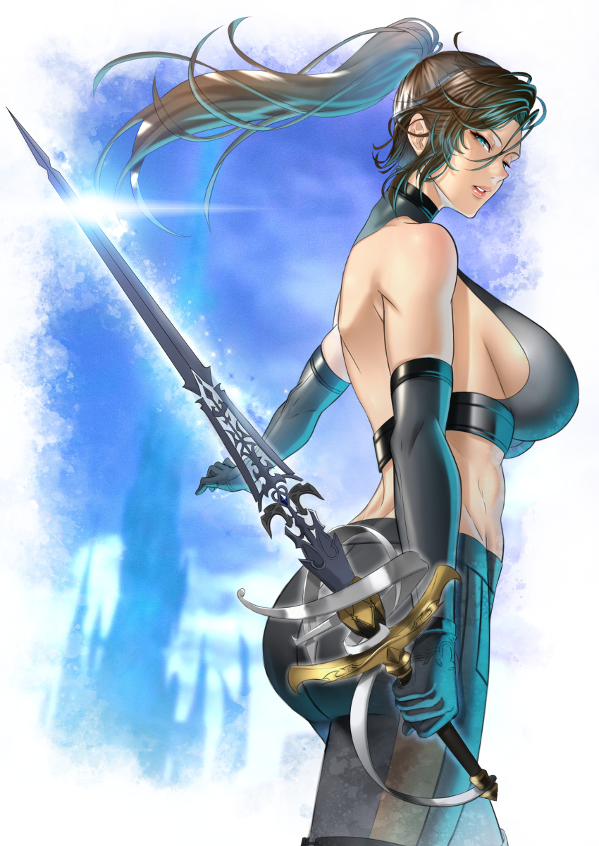 1girl absurdres anima_(togashi) ass back bare_shoulders black_gloves breasts brown_hair cowboy_shot crop_top elbow_gloves final_fantasy final_fantasy_xiv from_side gloves high_ponytail highres holding holding_sword holding_weapon huge_filesize large_breasts pants reverse_grip sideboob sword weapon