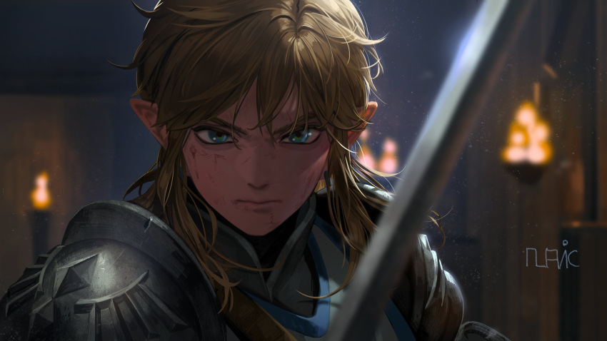1boy absurdres armor bangs belt blonde_hair blue_eyes blurry blurry_background closed_mouth depth_of_field fire flame highres holding indoors link looking_at_viewer medium_hair nuavic official_alternate_costume pauldrons pointy_ears portrait serious shoulder_armor signature solo sword the_legend_of_zelda the_legend_of_zelda:_breath_of_the_wild torch upper_body weapon