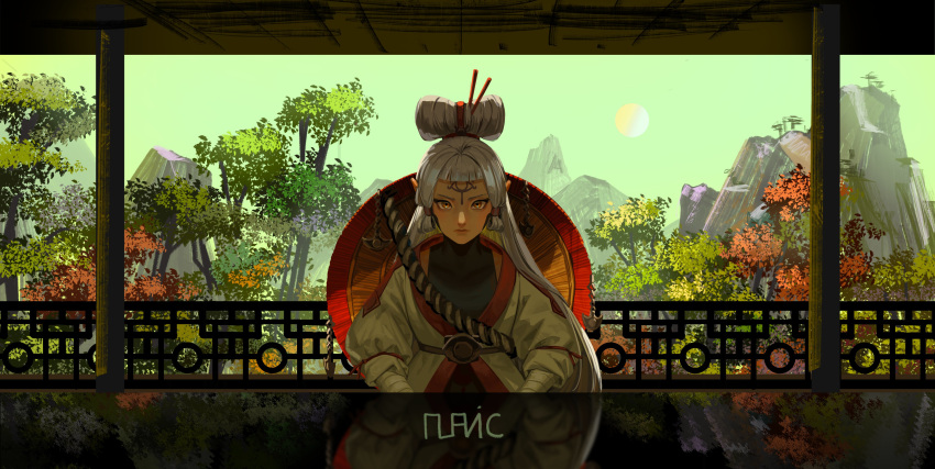 1girl absurdres bandaged_arm bandages bangs blush breasts brown_eyes chinese_clothes closed_mouth day facial_mark forehead_mark frown hair_bun hair_ornament hair_stick hair_tubes hair_up hat highres holding hyrule_warriors:_age_of_calamity impa japanese_clothes long_hair long_sleeves looking_at_viewer mountain nuavic outdoors pointy_ears sheikah signature silver_hair solo the_legend_of_zelda the_legend_of_zelda:_breath_of_the_wild tree