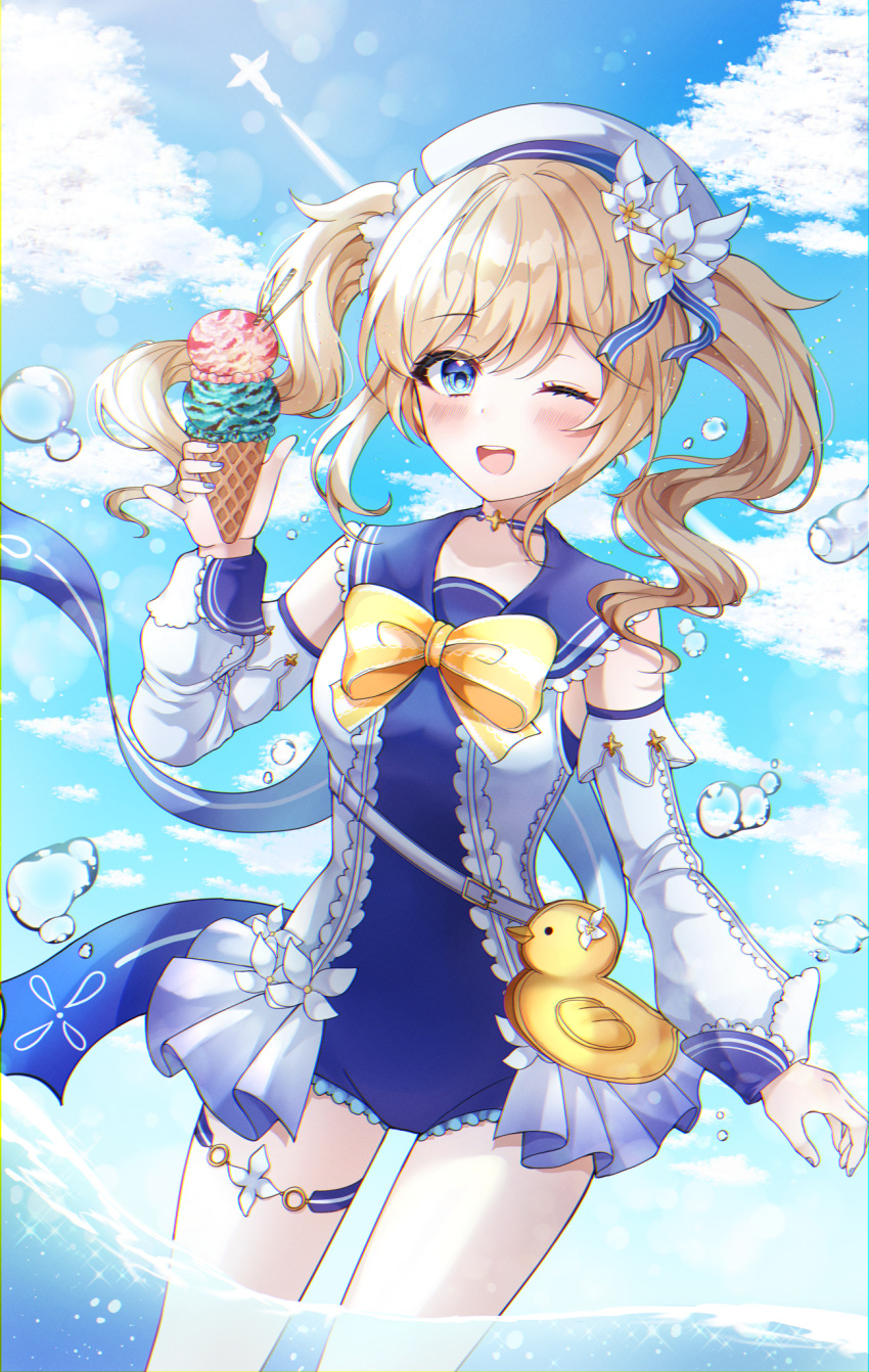 1girl ;d animal_bag bangs barbara_pegg blonde_hair blue_choker blue_eyes blue_nails blue_sailor_collar blue_sky blue_swimsuit blush bow bubble choker commentary cowboy_shot day detached_sleeves eyebrows_visible_through_hair food genshin_impact hand_up hat highres holding holding_food ice_cream ice_cream_cone long_hair long_sleeves looking_at_viewer nail_polish official_alternate_costume one-piece_swimsuit one_eye_closed open_mouth outdoors ryunbi sailor_collar sailor_hat sky smile solo swimsuit thigh_strap twintails wading water white_headwear yellow_bow