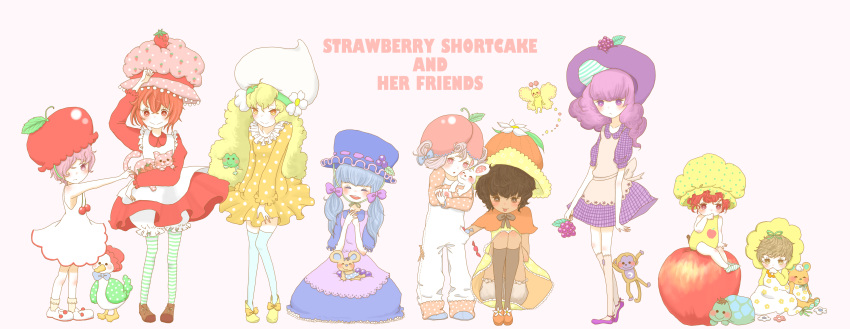 6+girls :d absurdres animal animal_on_lap apple apple_dumplin'_(sbsc) apple_hair_ornament apricot_(sbsc) apron baby bird black_hair blonde_hair blue_dress blue_hair blueberry_muffin_(sbsc) bob_cut bonnet bow brown_eyes bug butter_cookie_(sbsc) butterfly cap cape capelet caption cat cherry_cuddler_(sbsc) child copyright_name custard_(sbsc) dark-skinned_female dark_skin dress duck flat_color flower food food-themed_hair_ornament frog fruit hair_bow hair_ornament hat highres holding holding_animal holding_bunny holding_cat hotate1 insect large_hat leggings lemon_meringue_(sbsc) light_brown_hair lolita_fashion long_hair monkey mouse multiple_girls onesie open_mouth orange_blossom_(sbsc) orange_dress overalls oversized_object pastel_colors petite pink_eyes pink_hair platinum_blonde_hair purple_dress purple_hair rabbit raspberry raspberry_torte_(sbsc) red_dress redhead ribbon short_hair short_twintails sitting_on_apple smile strawberry strawberry_shortcake strawberry_shortcake_(copyright) strawberry_shortcake_(sbsc) striped striped_legwear stuffed_animal stuffed_toy teddy_bear toddler turtle twintails vintage_clothes violet_eyes white_background yellow_dress yellow_eyes