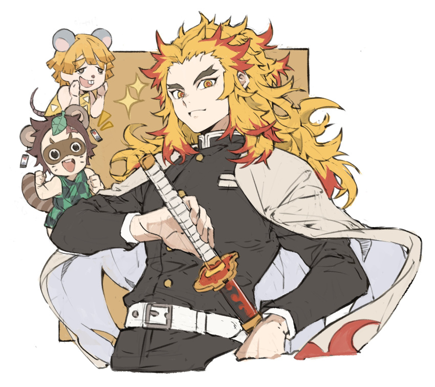 3boys agatsuma_zenitsu alternate_costume animal_ears bangs belt blonde_hair brown_hair buck_teeth cape checkered closed_mouth highres kamado_tanjirou katana kimetsu_no_yaiba korean_commentary leaf leaf_on_head long_hair long_sleeves male_focus mask mouse_ears mouse_tail multiple_boys open_mouth papajay_(jennygin2) raccoon_ears raccoon_tail redhead rengoku_kyoujurou scar scar_on_face simple_background sleeveless sparkle sword tail two-tone_background weapon white_belt white_cape yellow_eyes