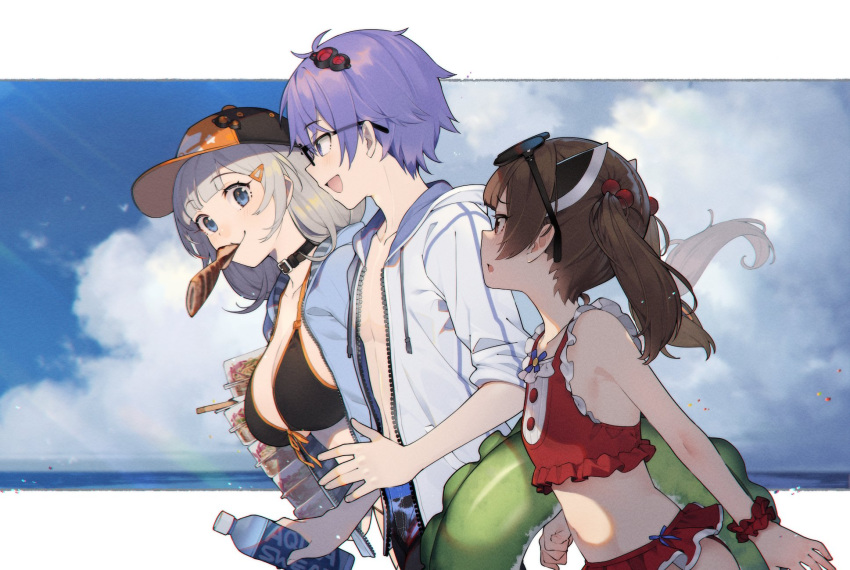 1boy 2girls bare_pectorals baseball_cap beads belt_collar bikini black_bikini bottle brand_name_imitation breasts clouds collar commentary day drawstring eyewear_on_head food food_in_mouth frilled_swimsuit frills glasses grey_hair hair_beads hair_ornament hairclip hat highres holding holding_bottle holding_food hood hooded_jacket innertube jacket kizuna_akari leaning_forward letterboxed long_hair looking_at_another medium_breasts medium_hair mouth_hold multiple_girls ocean open_clothes open_jacket open_mouth outdoors pectorals purple_hair red_swimsuit scrunchie shirinda_fureiru short_twintails smile squid swimsuit touhoku_kiritan twintails upper_body very_long_hair voiceroid white_jacket wrist_scrunchie yuzuki_yukari's_younger_twin_brother