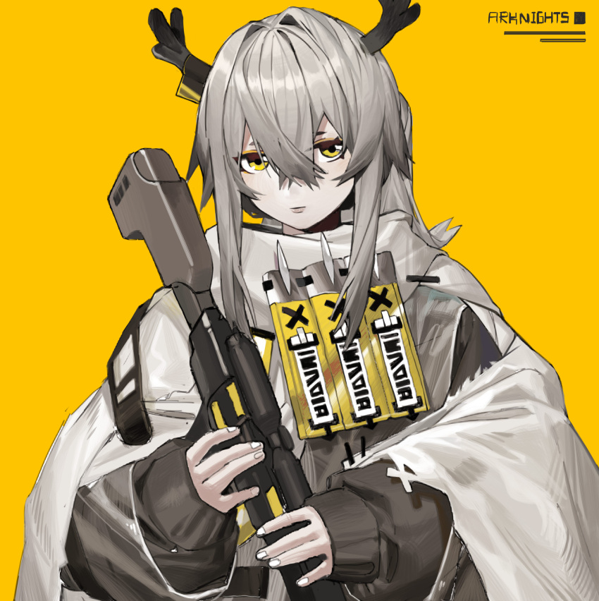 1girl antlers arknights black_sleeves chinese_commentary coat copyright_name firewatch_(arknights) firewatch_(snow_covered)_(arknights) five-fall grey_hair hair_between_eyes highres holding holding_weapon long_hair official_alternate_costume reindeer_antlers simple_background solo upper_body weapon white_coat yellow_background yellow_eyes