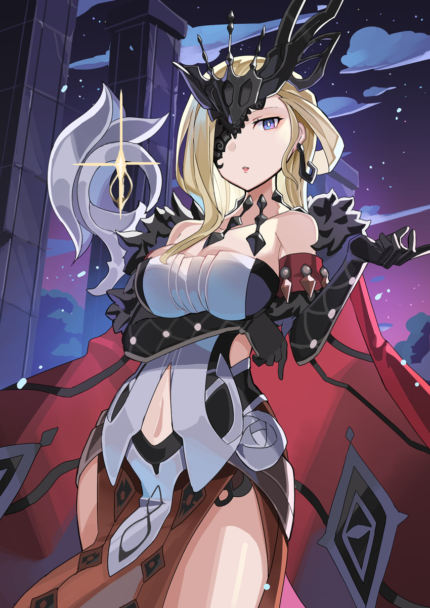 1girl bare_shoulders blonde_hair breasts cape dress elbow_gloves genshin_impact gloves hair_ornament highres rin_falcon signora_(genshin_impact) violet_eyes