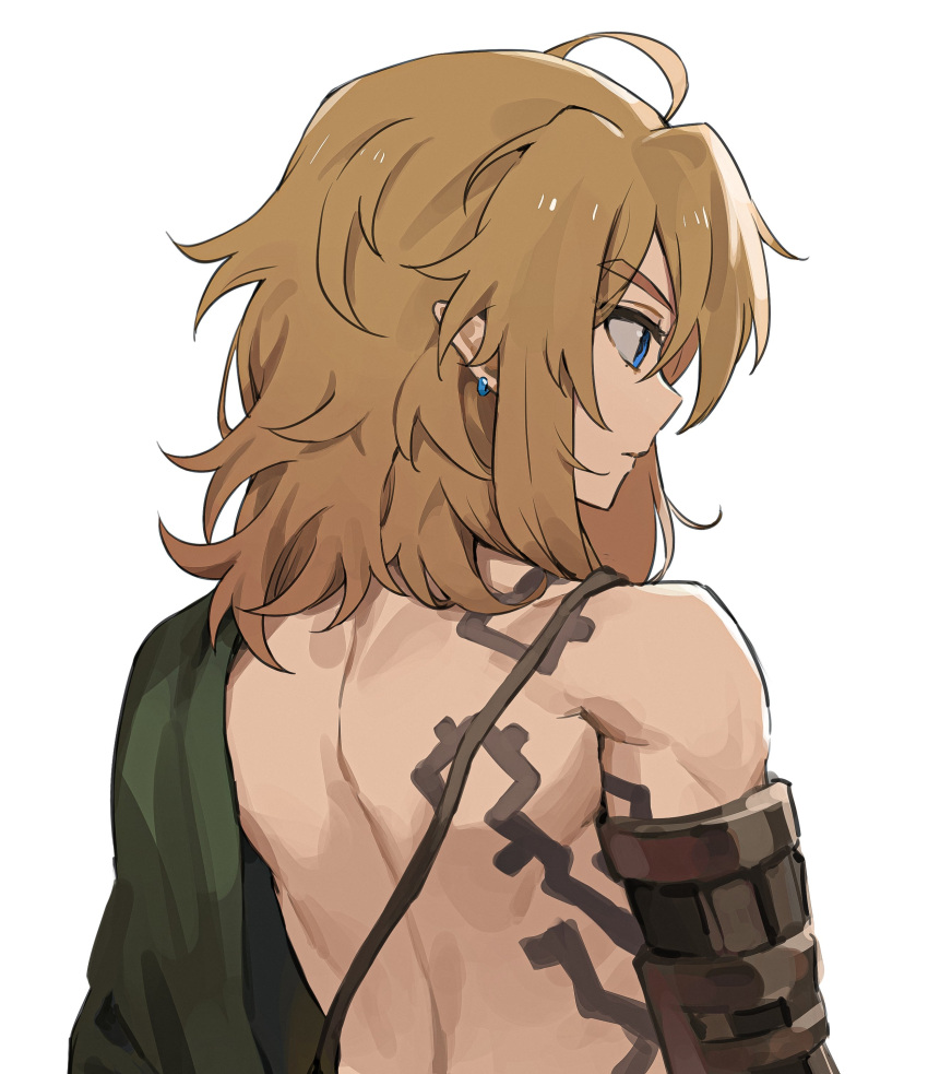 1boy absurdres ahoge back bangs blonde_hair blue_eyes bodypaint closed_mouth earrings from_behind highres jewelry korean_commentary link long_hair male_focus monza_(saeumon) pointy_ears simple_background solo the_legend_of_zelda the_legend_of_zelda:_breath_of_the_wild the_legend_of_zelda:_breath_of_the_wild_2 white_background