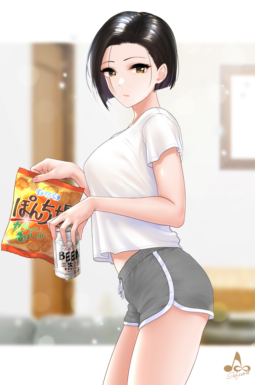 1girl absurdres artist_logo artist_name bangs beer_can black_hair blurry blurry_background bokeh breasts brown_eyes can casual closed_mouth commentary_request cowboy_shot depth_of_field dolphin_shorts drink expressionless food grey_shorts highres holding holding_can holding_drink holding_food infinote lips looking_at_viewer medium_breasts midriff original parted_bangs shiny shiny_hair shirt short_hair short_shorts short_sleeves shorts signature snack solo t-shirt thighs white_shirt