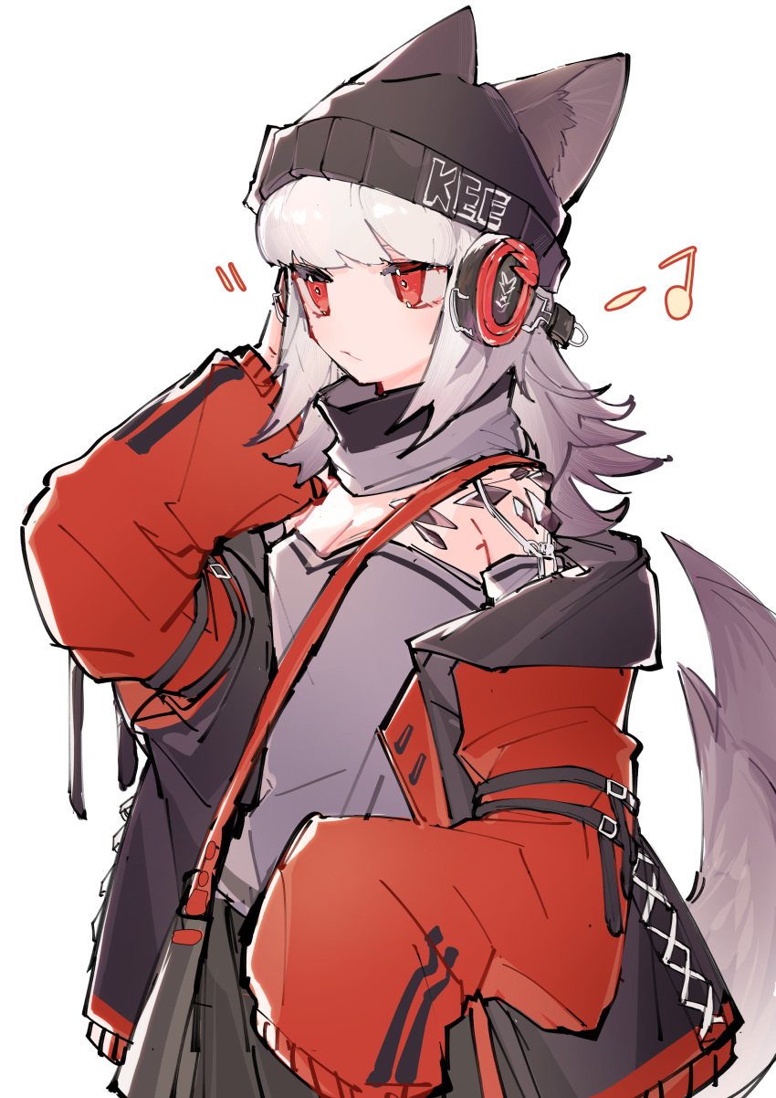 1girl absurdres animal_ears arknights bag bangs black_hair chinese_commentary detached_collar fox_ears fox_tail frostleaf_(arknights) headphones highres jacket lishayakou long_hair long_sleeves musical_note off-shoulder_shirt off_shoulder open_clothes open_jacket oripathy_lesion_(arknights) red_eyes red_jacket shirt shoulder_bag silver_hair solo tail white_background