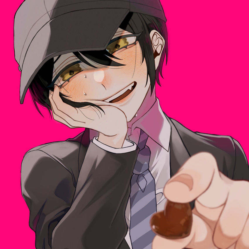 1boy bangs black_hair black_headwear black_jacket blush brown_eyes candy chocolate chocolate_heart collared_shirt commentary_request dangan_ronpa_(series) dangan_ronpa_v3:_killing_harmony fangs food hair_between_eyes hand_on_own_cheek hand_on_own_face hat heart highres jacket long_sleeves looking_at_viewer male_focus necktie niwatori_panda official_alternate_costume open_mouth pink_background saihara_shuuichi shirt simple_background smile solo striped striped_neckwear sweat teeth upper_body white_shirt