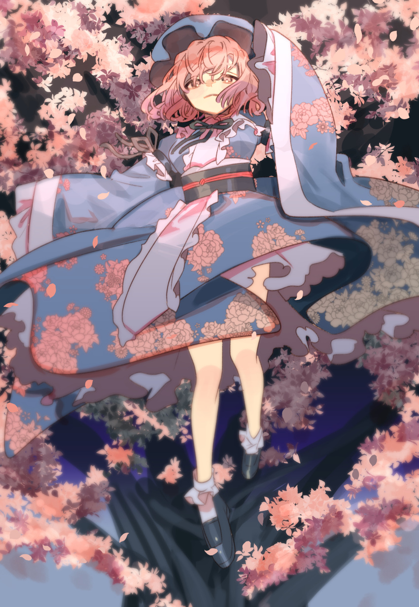 1girl absurdres blue_kimono blurry cherry_blossoms depth_of_field floral_print full_body hat highres japanese_clothes kimono looking_at_viewer mob_cap obi one-hour_drawing_challenge pink_eyes pink_hair saigyouji_yuyuko sash shi_chimi short_hair solo touhou wide_sleeves