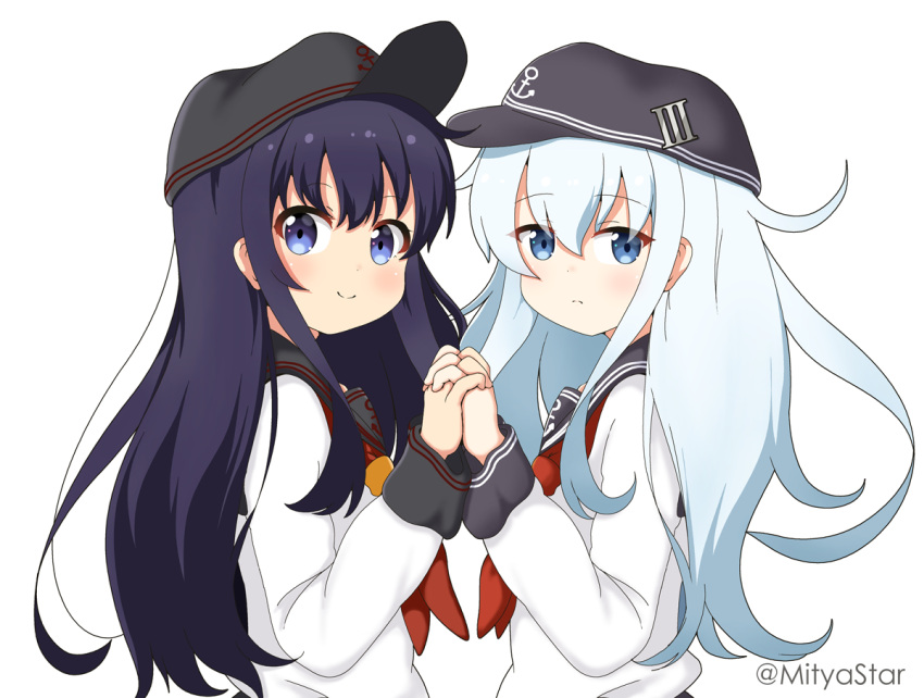 2girls akatsuki_(kancolle) anchor_symbol black_headwear black_sailor_collar blue_eyes blush closed_mouth eyebrows_visible_through_hair flat_cap hair_between_eyes hat hibiki_(kancolle) kantai_collection long_hair long_sleeves miicha multiple_girls neckerchief purple_hair red_neckwear remodel_(kantai_collection) sailor_collar school_uniform serafuku silver_hair simple_background smile twitter_username upper_body violet_eyes white_background